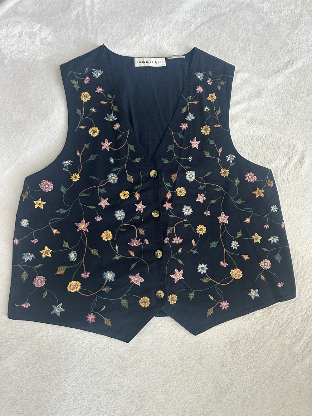 Embroidered Floral Button Up Vest‎ Linen Cotton Women L Cottagecore Academia